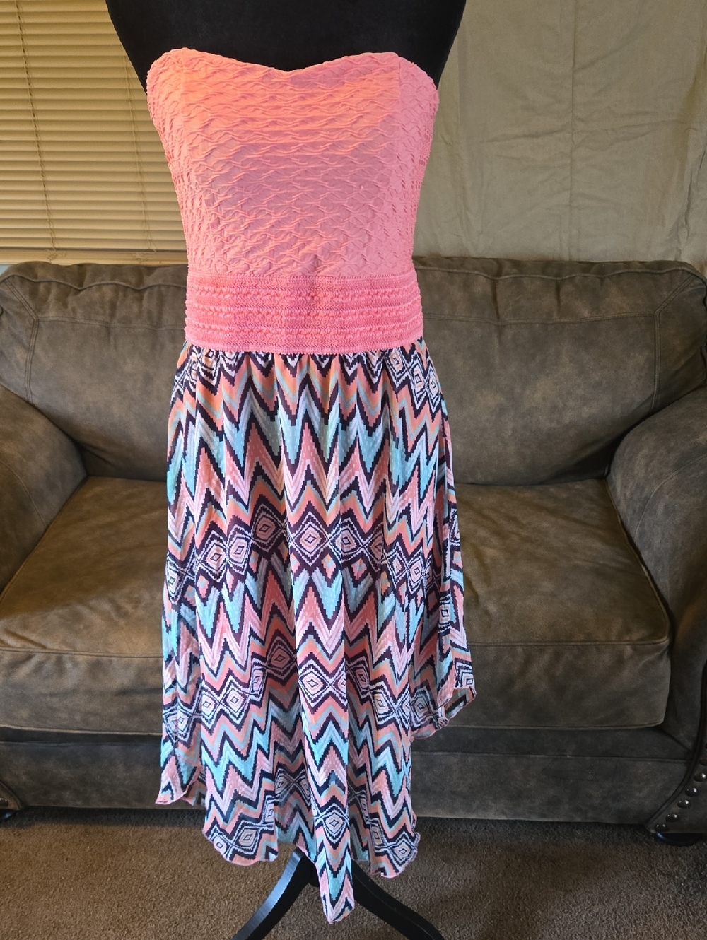 No Boundaries Pink Strapless Chevron Midi Dress